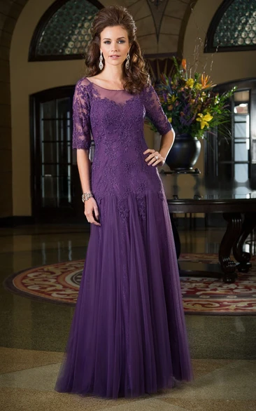 Applique Half-Sleeve Mother Of The Bride Dress with Dropped Waistline