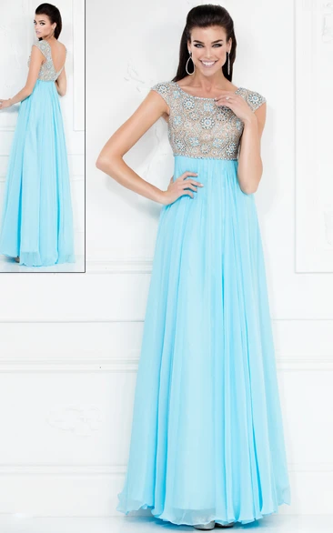 Chiffon Cap Empire A-Line Formal Dress with Deep-V Back and Beading