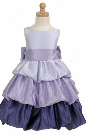 Sleeveless Satin Tiered Tea-Length Dress for Flower Girls Bridesmaid Dress