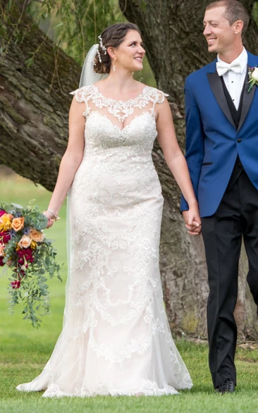 Modest Jewel Neckline Bridal Gown Illusion Lace Petals Back Garden Wedding Dress