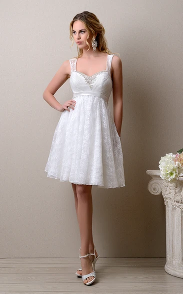 A-Line Lace Wedding Dress Knee Length Sleeveless Beaded