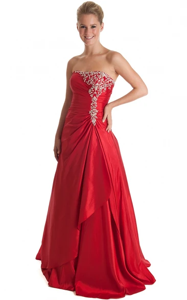 Strapless Satin Floor-Length Prom Dress with Beaded Bodice Modern A-Line Dress