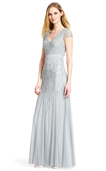 Beaded Cap Sleeve Tulle Bridesmaid Dress with Pleats Sheath Style