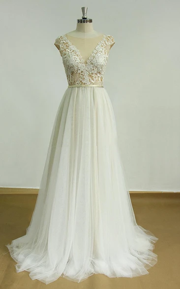 Champagne Tulle Lace Wedding Dress with Open Back and Deep V-Cut