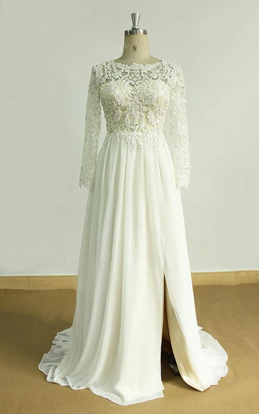 Chiffon Lace Wedding Dress Flowy Beach Bridal Gown