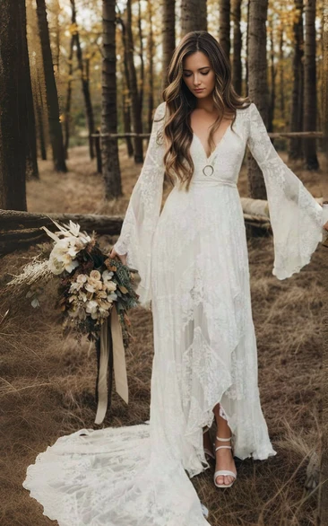 Simple Country Sexy Illusion Casual A-Line Lace Bohemian V-neck Wedding Dress With Bell Long Sleeves