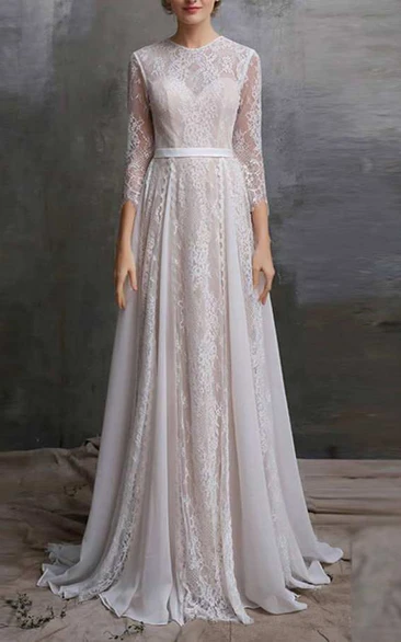 Pleated A-Line Wedding Dress with Long Lace Sleeves Jewel Neckline