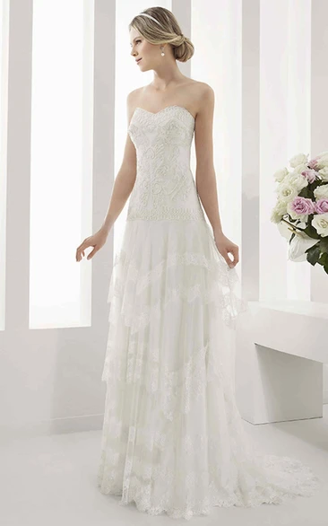A-Line Tulle Gown with Sweetheart Drop Waist Embroidered Bodice and Layered Skirt Beautiful Wedding Dress