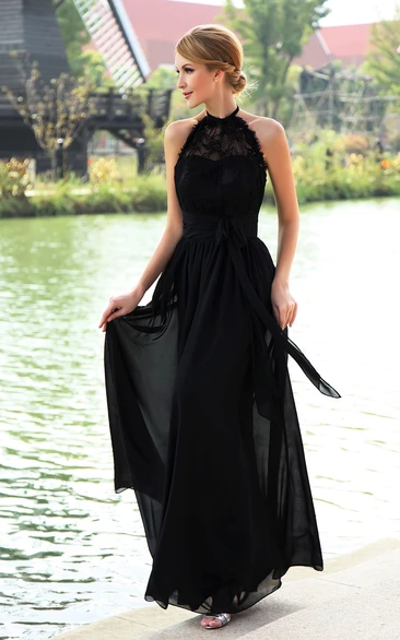 Halter Chiffon Floor-Length Dress with High Neck for Formals