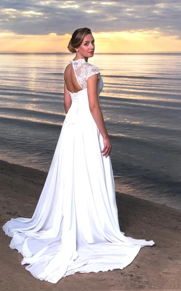 Long A-Line Chiffon & Lace Wedding Dress with Cap Sleeves V-Neck & Flowy