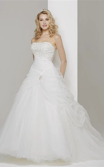 Strapless Tulle Ball Gown Wedding Dress with Beading and Pick-Up Detail