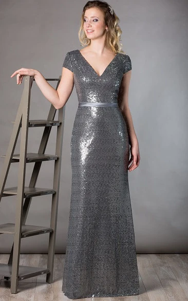 Sheath Sequin Mother Of The Bride Dress with V Neck Short Sleeve & Satin Sash