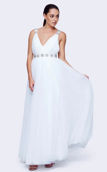 Tulle A-Line Wedding Dress with Waist Jewellery and Backless Design