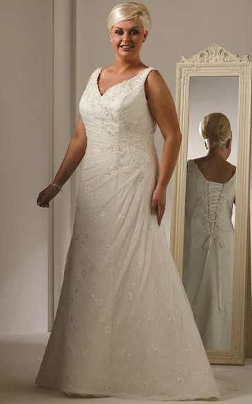 Lace V Neck Wedding Dress with Plus Size and Lace Up