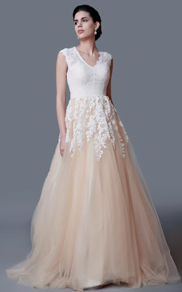 Cap Sleeve Lace Wedding Dress Modest A-Line V-Neck Elegant