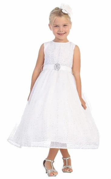 Natural Tulle&Satin Tea-Length Flower Girl Dress with Broach