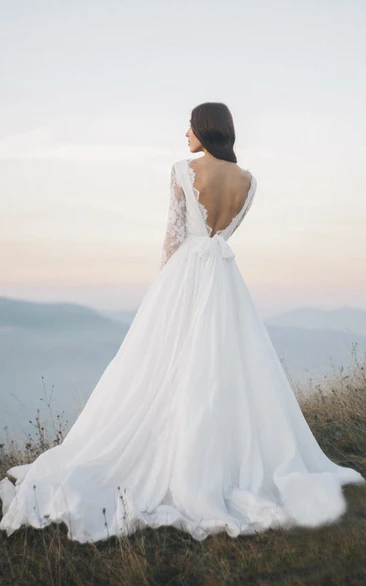 Long Sleeve Chiffon Wedding Dress with Court Train and Deep V-Back + Classic Bridal Gown