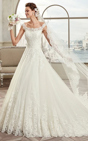 A-Line Bridal Gown with Cap Sleeves and Illusive Lace Panel