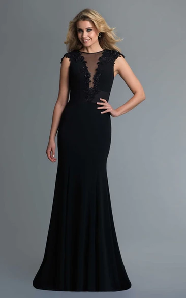 Illusion Jersey Cap-Sleeve Sheath Bridesmaid Dress with Appliques