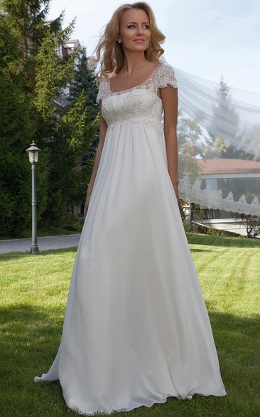 Empire Chiffon Wedding Dress with Applique Cap Sleeve Scoop Neck