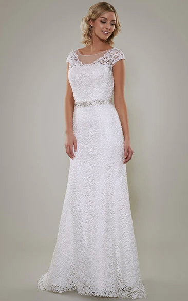 Jeweled Lace Sheath Wedding Dress with Cap Sleeves