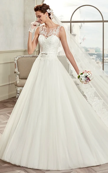 A-Line Bridal Gown with Puffy Skirt and Illusive Design Cap Sleeves