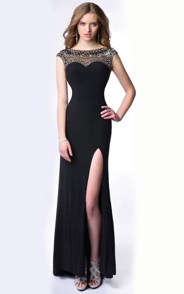 Cap Sleeve Jersey Homecoming Dress with Beaded Top and Side Slit Modern Party Dress