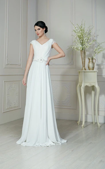 A-Line Chiffon Wedding Dress with V-Neckline Short Sleeves and Beaded Ruching