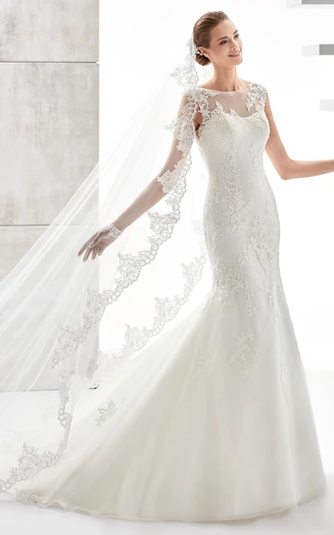 Illusive Mermaid Wedding Dress with Jewel-Neck and Appliques