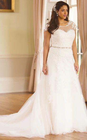 Plus Size Lace Wedding Dress with Jeweled Scoop Neckline