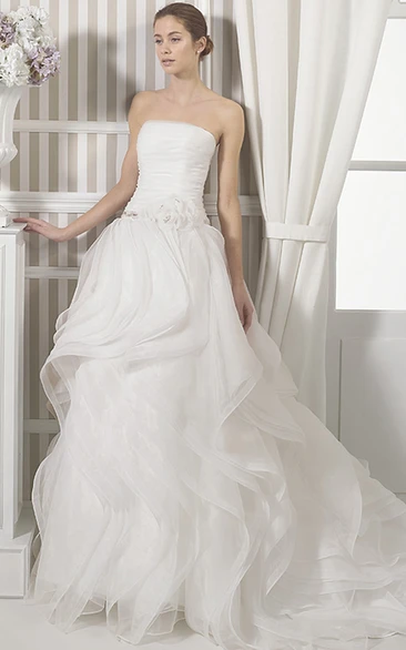 Sleeveless A-Line Organza Wedding Dress with Ruffles and Flower