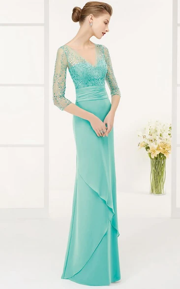 Sequined V-Neck Sheath Prom Dress with 3/4 Sleeves Floor-Length