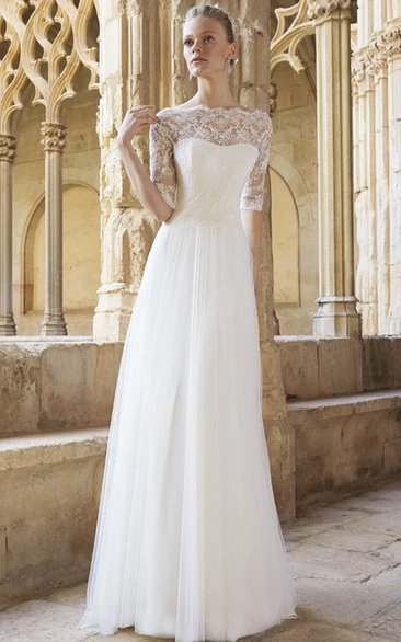 A-Line Lace Bateau Neck Tulle Wedding Dress Floor-Length Half Sleeve