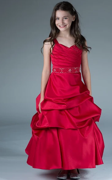 V Neck Ruffled Taffeta Flower Girl Ball Gown with Beaded Waist Classy and Unique