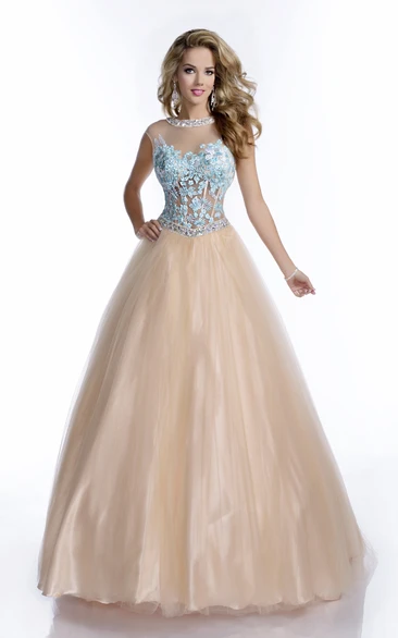 Beaded Neck Lace Bodice A-Line Prom Dress with Keyhole Back