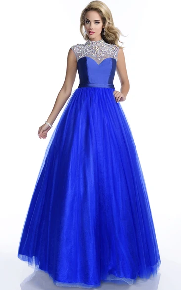 High Neck Tulle Prom Dress with Rhinestone Appliques and Cap Sleeves