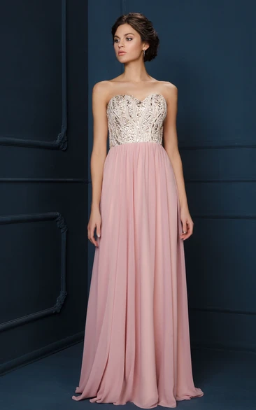 Floor-Length Chiffon Evening Dress with Sweetheart Neckline and Beaded Details in A-Line Style