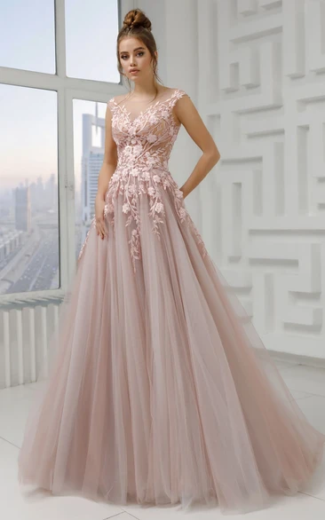 Ball Gown Lace and Tulle V-neck Prom Dress with Appliques Romantic Formal Dress