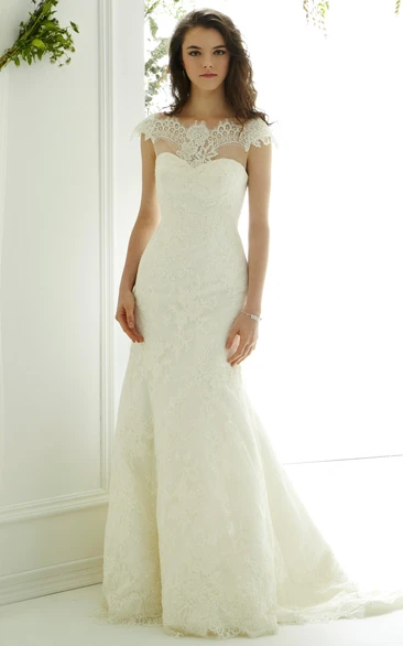 Lace Appliqued Cap Sleeve Wedding Dress with Court Train Elegant Bridal Gown