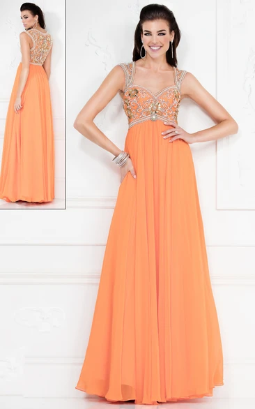 Queen Anne Illusion A-Line Formal Dress with Chiffon and Beading