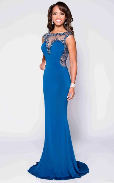 Bateau Neck Sheath Sleeveless Prom Dress with Jeweled Illusion Design Elegant Formal Dress