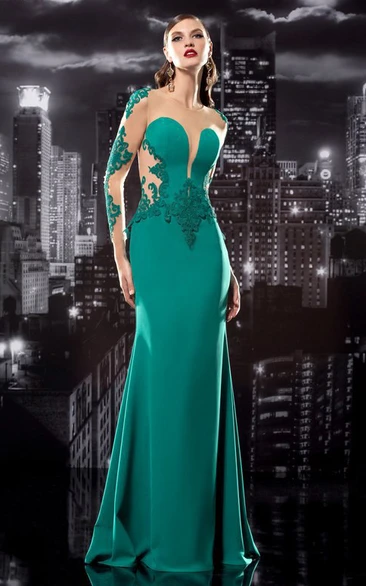 Jersey Sheath Illusion Dress with Jewel-Neck and Long Sleeves