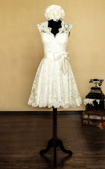 Lace V-Neck Sleeveless Wedding Dress with Keyhole Back and Floral Bow