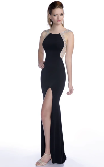 Elegant Mermaid Jersey Prom Dress with Front Slit and Crystal Appliques Classy Prom Dress