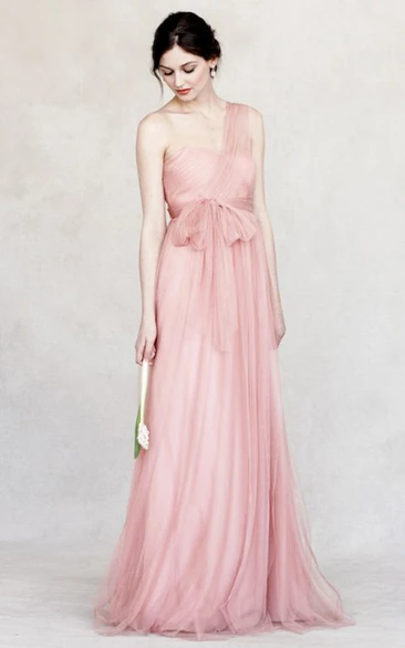 Sleeveless One-Shoulder Tulle Bridesmaid Dress with Bow Chic Dress