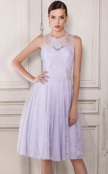 A-Line Tulle Knee-Length Lace Button Prom Dress