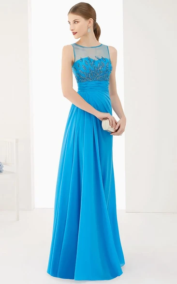 A-Line Chiffon Prom Dress with Jewel Neck Appliques and Bandage Long