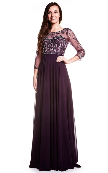 Beaded Bateau-Neck A-Line Chiffon Prom Dress with Pleats Floor-Length