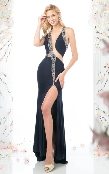 Sleeveless V-Neck Jersey Formal Dress with Front Split and Beading