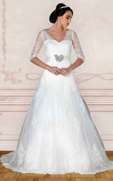 Lace V-Neck A-Line Wedding Dress with Bow Elegant Long Sleeve